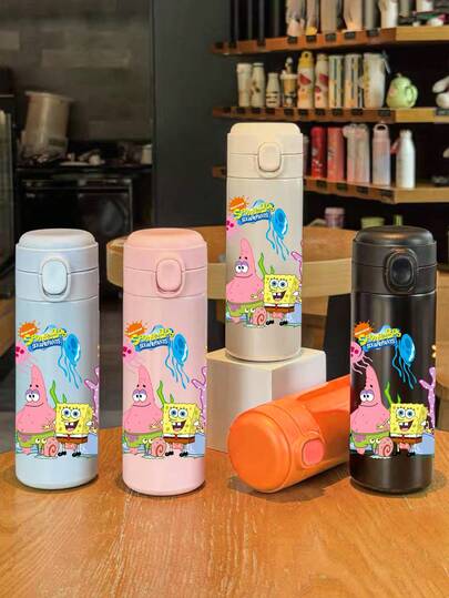 SPONGEBOB 1Pc SPONGEBOB Sports Insulated Stainless Steel Sports Water Bottle Cute Cartoon Character 14 Oz (420 Ml) , Fashion Design/Sturdy And Durable/Multiple Colors Available/Leak-Proof Cup/With Lid, Suitable For Birthday Gifts, Thanksgiving, Christmas Gifts (Product Parts Colors May Be Random)