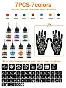 7-Color Henna Tattoo Cream + 62  Pattern Tattoo Stencils And Hand Templates Tool Set,  Body Art Marking Gel DIY, Semi-Permanent Tattoo Cream Face Body Painting Body Art Suitable For Halloween, Christmas, Birthday, Stencils Are Easy To Wash - 彩色 - 查看 1