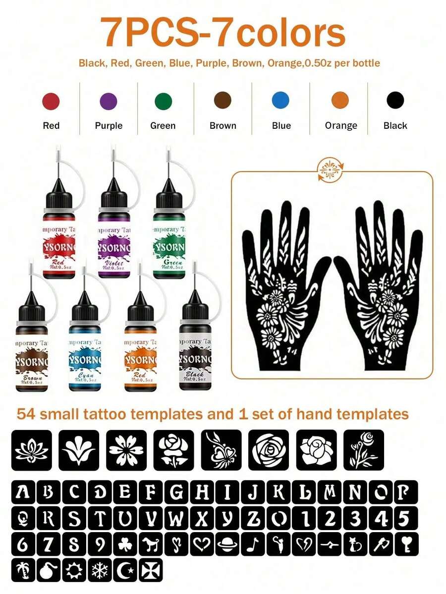 7-Color Henna Tattoo Cream + 62  Pattern Tattoo Stencils And Hand Templates Tool Set,  Body Art Marking Gel DIY, Semi-Permanent Tattoo Cream Face Body Painting Body Art Suitable For Halloween, Christmas, Birthday, Stencils Are Easy To Wash - 彩色 - 查看 1