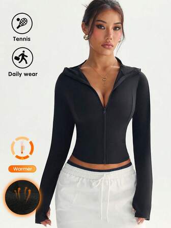 女式黑色纹理面料拉链长袖简约时尚拇指孔连帽针织运动夹克