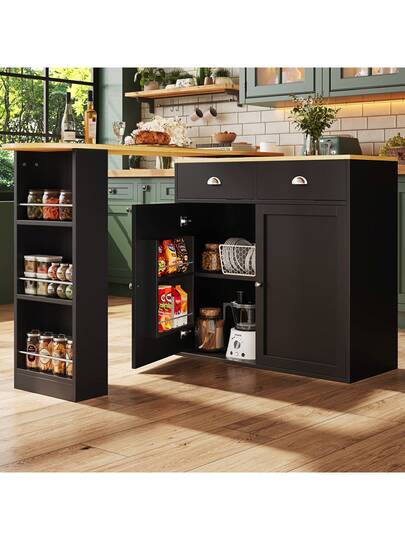 Sairedel 360° Rotating Sideboard Cabinet Moderne Multifunctional Drawers Doors Slim Side Shelves Living Room, Bedroom Dining Room Elegante Zwart