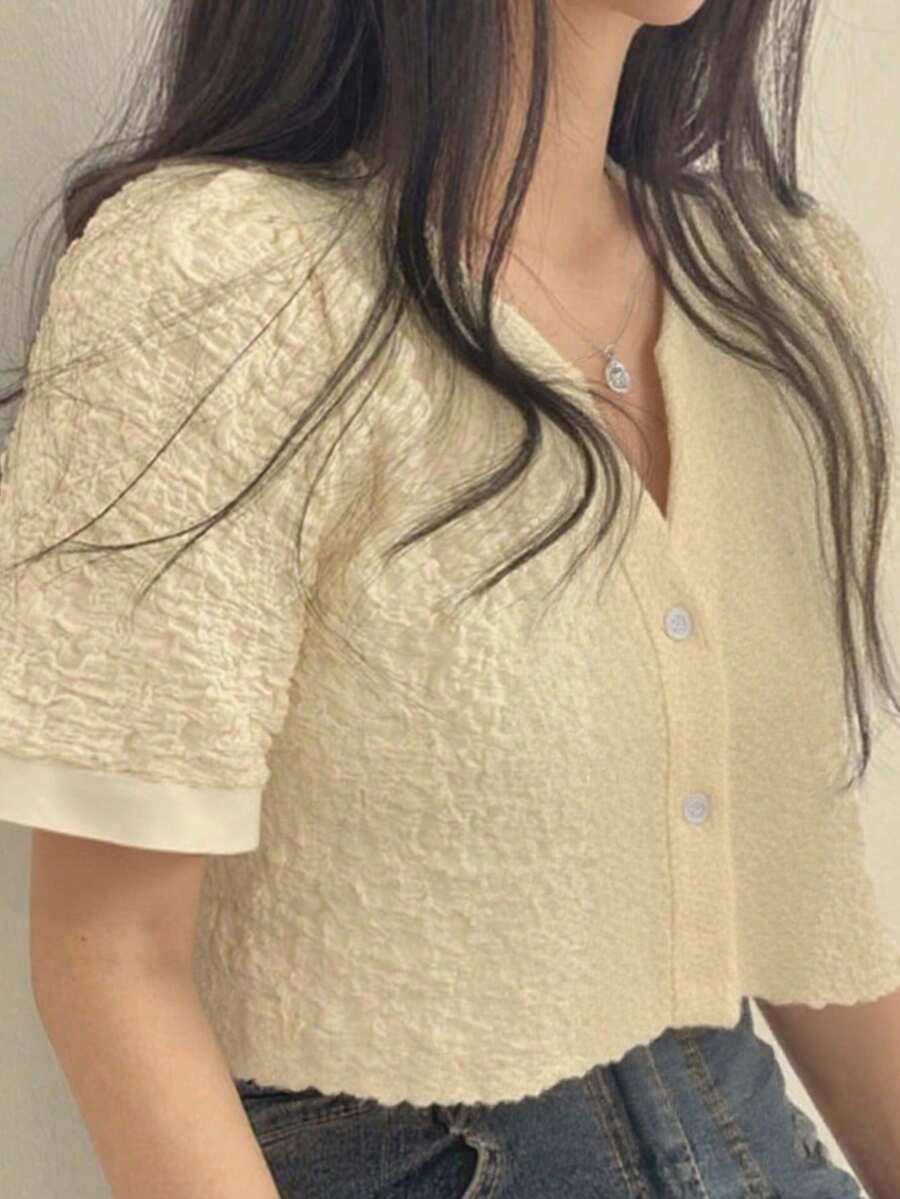 2025 Spring/Summer Button-Up Solid Color Women Short Sleeve Blouse - Apricot - View 1