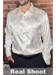 Men's Silk Satin Dress Shirts Jacquard Long Sleeve Floral Button Up Shirts Party Prom Wedding Shirthalloween - Màu be - Xem 2