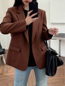 LIU ME Blazer feminino social manga longa com forro e ombreira, roupa de primavera- verão- outono- inverno - Marrom - Visão 3