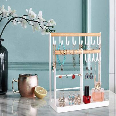 Rustic Jewelry Organizer Stand With Multi-Tier Earring Holder, Wood & Iron Necklace Display, Ring Tray And Bracelet Stand For Dresser Top, Boho Vanity Storage And Decor
