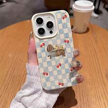 1 pieza Funda de teléfono con patrón de perro salchicha azul con diseño de tablero de ajedrez de cereza, de material TPU, compatible con Apple/Teléfonos - Blanco - Ver 4