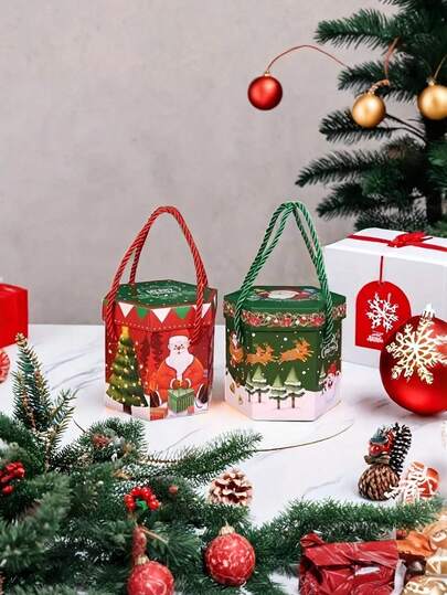 10pcs Festive Christmas Gift Box With Handle Rope - Cartoon Santa Claus And Reindeer Design, Suitable For Apples And Candy - Charming Paper Packaging With Christmas Theme, Perfect For Holiday Snacks And Baking