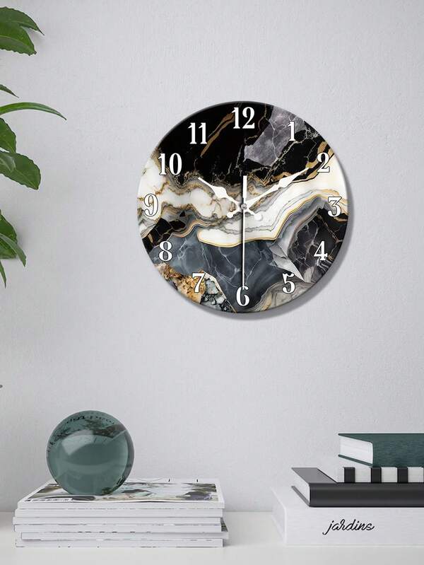 1 Pc 10 Inch/12 Inch Modern Marble Pattern Wall Wooden Clock - 10/12 Inch, Non-Ticking Wooden Design In Black, White & Grey - Easy To Read, Battery Operated For Living Room, Kitchen, Bedroom Decor (Batteries Not Included)