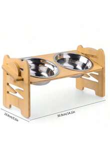 Adjustable Bamboo & Wood Pet Double Bowl Stand, Raised Feeder For Medium & Small Dogs And Cats
