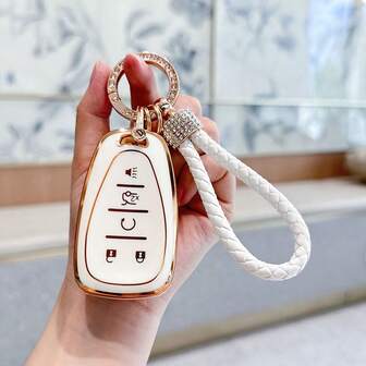 For Chevy Key Fob Cover With Keychain Chrome Silver Trim Soft TPU Protection Case Compatible With 2016-2025 Chevy Equinox Malibu Camaro Blazer Traverse Trailblazer 5 Button