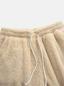 2 件男士纯色羊毛半拉链连帽衫，配有撞色抽绳和刺绣字母，休闲街头时尚装扮，秋冬 - 卡其色 - 查看 9