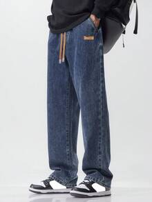Plus Size Men's Drawstring Elastic Waist Stretch Jeans, Loose Fit Straight Leg Denim Pants, Casual Versatile Comfortable, All Season