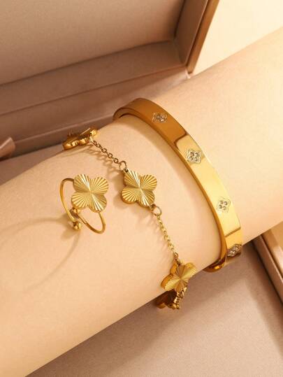 1 conjunto de joias minimalistas de aço inoxidável com decoração de vidro trevo de quatro folhas listrado suave, adequado para uso diário feminino, casamento, feriados