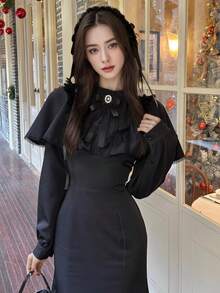 冬季女式洛丽塔披肩哥特美人鱼派对黑色连衣裙圣诞派对优雅别致蕾丝拼接蝴蝶结修身圣诞夜惊魂（不含头饰） - 黑色 - 查看 11