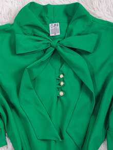 Women's Formal Blouse With Short Puff Sleeves And Bow No. 8 - 綠色 - 查看 2