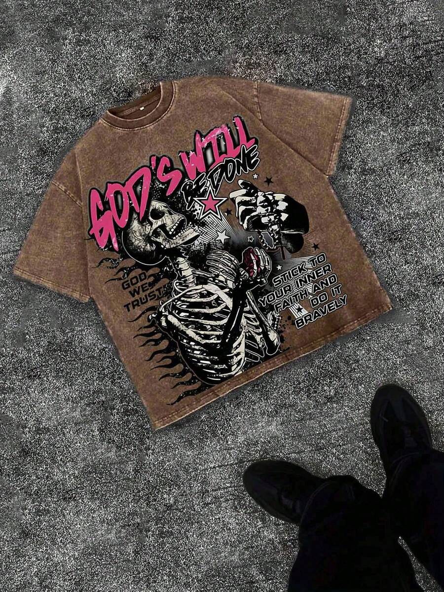 230g Washed, Definitely Printed T-Shirts From Skeletons, High-Quality Batik Cotton Vintage Fashion Brand T-Shirts, Men's T-Shirts, Summer T-Shirts, Holiday Gifts, Perfect Gifts. - Cà phê nâu - Xem 1