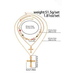 3 件时尚个性化十字架吊坠项链，多层珍珠长链颈链，适合父亲节和母亲节 - 款式9 - 查看 6