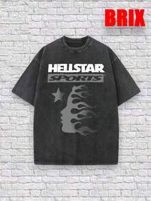 Uaddw Brand Y2K, [Vintage Cotton T-Shirt] High-Quality 100% Pure Cotton Men's Retro Style Flame Face, Star Pattern Washed And Distressed Short-Sleeved T-Shirt, Street Style, Funny Graphic Tees Men, Fashionable And Versatile, Camiseta Para Hombre - 黑色 - 查看 2