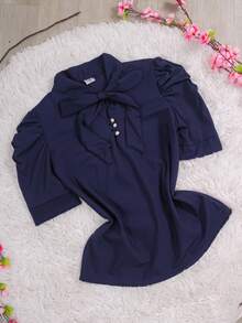 Women's Formal Blouse With Short Puff Sleeves And Bow No. 8 - 藏蓝色 - 查看 1