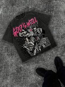 230g Washed, Definitely Printed T-Shirts From Skeletons, High-Quality Batik Cotton Vintage Fashion Brand T-Shirts, Men's T-Shirts, Summer T-Shirts, Holiday Gifts, Perfect Gifts. - 黑色 - 查看 1