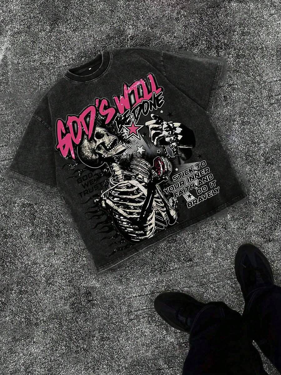 230g Washed, Definitely Printed T-Shirts From Skeletons, High-Quality Batik Cotton Vintage Fashion Brand T-Shirts, Men's T-Shirts, Summer T-Shirts, Holiday Gifts, Perfect Gifts. - 黑色 - 查看 1
