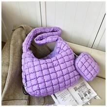 18'' Large Quilted Puffer Bag With Pouch For Women Large Puffer Tote Bag & Quilted Makeup Bag Quilted Crossbody Bag Hobo Crossbody Lightweight Padding Puff Purse Tote Bag Soft Padding Hobo Puffer Shoulder Handbag Quilted Carryall Bag Lightweight For Women Everyday Work Travel GYM - 二合一紫色 - 查看 6