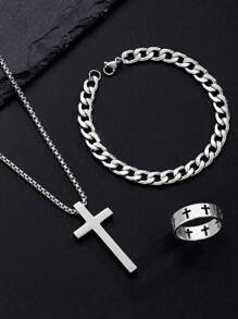 High Quality Stainless Steel Cross Necklace, Cross Ring, A Variety Of Combination Sets, Non-Allergenic, Non-Fading, Suitable For Men, Women, Couples, Casual Fashion Holiday Dating Gifts, Daily Street Party Accessories