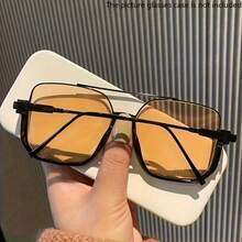1 Piece Oversized Square Mirror AC Lens Glasses - Retro Metal Frame Double Bridge Design, Unisex Fashion Driving Glasses (Includes Glasses Case And Cleaning Cloth), Party Glasses, Unisex Style, Decorative Glasses, Retro Style, Fashion Design,  Accessories - Black - View 4