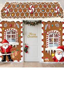 3pcs/Set New Christmas Gingerbread House Santa Claus Curtain, Winter Christmas Photo Backdrop Party Decoration Hanging Cloth Set