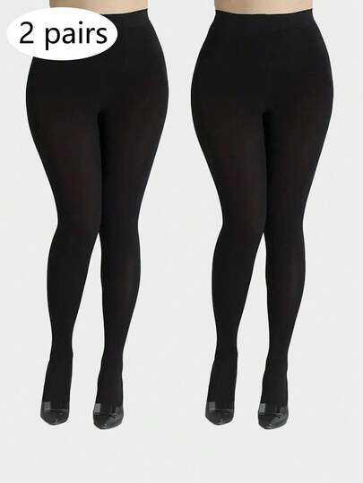 1 Pair/2 Pairs Black Plus Size Tight Leggings, Loose Fit, High Density Ultra-Thin High Stretch Tights Suitable For Everyday Wear