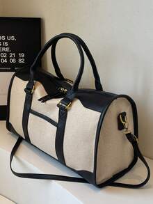 大容量极简旅行手提包，时尚撞色波士顿单肩包，休闲百搭，可单肩背或斜挎，黑/棕色配米色，旅行、度假必备，女士 - 黑色 - 查看 11