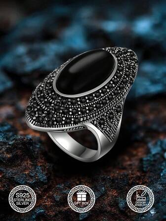1pc S925 Sterling Silver Bohemian Mirror Polished Ring, Pave Set Black Stone Main Gemstone, Vintage Chic Design, Suitable For Daily, Party, Stacking, Gift For Valentine's Day, Mother's Day, Music Festival, Comes With Gift Box