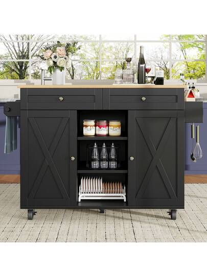 Sairedel Moderne Kitchen Isl Wood Grain Multifunctional Dining Tafel Storage Space Snack Shelves Wit Buffet Cabinet Practical Cart view 5