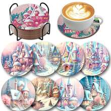 8 件钻石画杯垫套装带支架，适合初学者，成人钻石画套件，手工工艺品