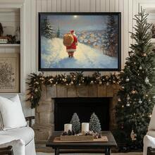 1pc, Vintage Santa Wall Art, Canvas Frame Decorative Painting, Retro Santa Oil Painting, Santa With Sack, Christmas Countryside Scene, Vintage Christmas Theme, Farmhouse Style Holiday, Santa Oil Painting, Christmas Snow Scene, Christmas Home Decor, Minimalist Wall Decor, Modern Art