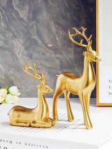 2pcs/Set European Luxury Auspicious Deer Resin Decor, Home Wealth Ornament, Suitable For Wine Cabinet, Entrance, TV Cabinet, Tabletop, Home Decor, Bedroom, Office, Dorm, Storage, Wedding, House Decoration, Jewelry Storage, Party Decor, Ideal Christmas Gift
