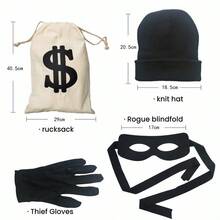 4pcs/Set Burglar Costume Kit - Canvas Bag, Gloves, Eye Mask, Hat, Thief Prisoner Cosplay Outfit, Unisex, Suitable For All Seasons, Halloween