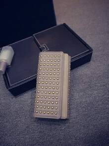 Cartera larga de mujer plegable de tres pliegues, versátil y casual, decorada con remaches vintage - Champán - Ver 8