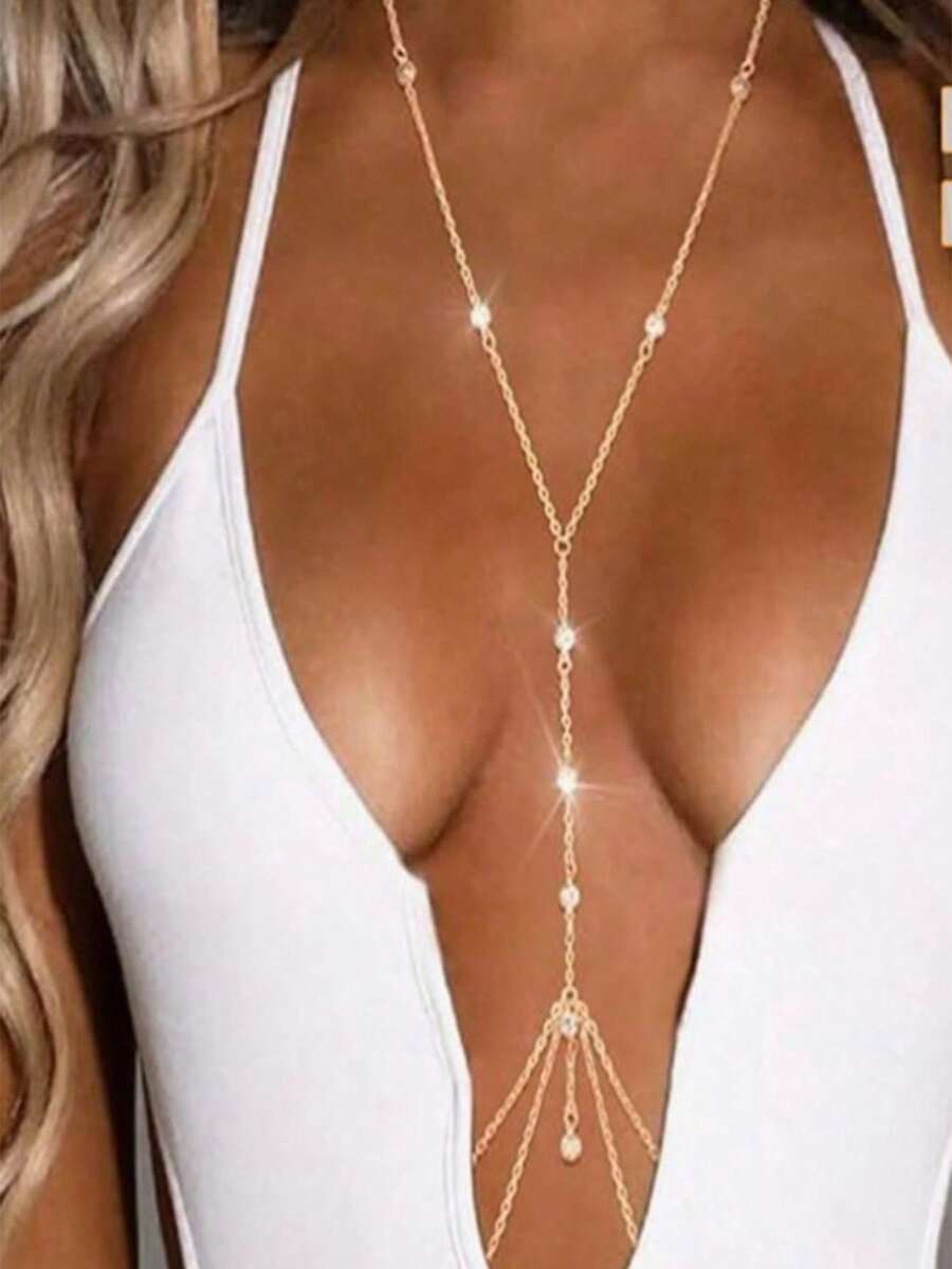 1pc Beach Style Crystal Rhinestone Bra Chain, Gold/Silver Sexy Body Chain Jewelry For Women - Gold - View 1
