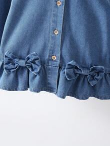 2pcs/Set Girls Casual Street Style Cute Blue Bow Denim Jacket And Floral Denim Pants Set, Autumn/Winter New Arrival - Medium Wash - View 5