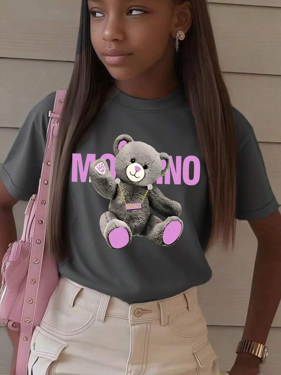 Koszulka z krótkim rękawem dla dziewcząt z nadrukiem graficznym, wygodna i modna letnia góra, odzież dla uczniów/młodzieży