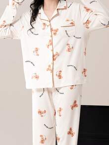 AICJ 2pcs Women Cute Bear & Letter Cartoon Print Pajama Set - Soft, Suitable For Spring, Autumn & Winter Wear, Collared Long Sleeve Top And Long Pants Sleepwear Set - Beige - View 3