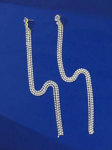 Sparkling Long Rhinestone Tassel Earrings, Women's Exaggerated Long Chain Drop Earrings, Party & Banquet Theme Earrings - Gold - View 3