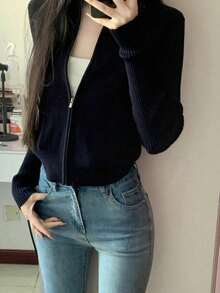 CMC Casual Solid Color Polyester Ribbed Zip-Up Cardigan, Suitable For Vacation, Office, Home, Travel, Spring/Autumn/Winter