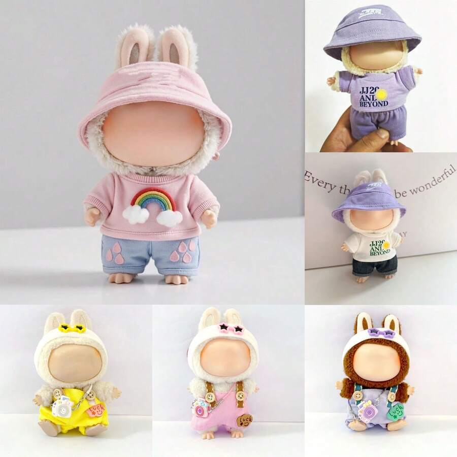 Ropa de muñeca de 6.69 pulgadas, compatible con Labubu, 1 set de decoración - Conjunto de sombrero de cubo y pantalones de moda, adecuado para muñecas de 6.69 pulgadas, accesorios lindos de BuLabu, para exhibición (muñecas no incluidas)