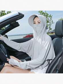 1pc Ice Silk Hooded Sunscreen Jacket, Women Summer New Breathable Hooded Sunscreen Shawl Cardigan For Riding, Driving, Sun Protection - Multicolor - View 7