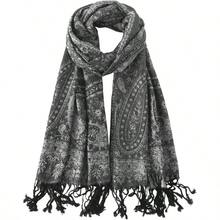 Paisley Pashmina Rave Shawl Scarf - Womens Reversible Jacquard Pashmina Wraps Evening Dresses - C#.黑色銀色 - 查看 1