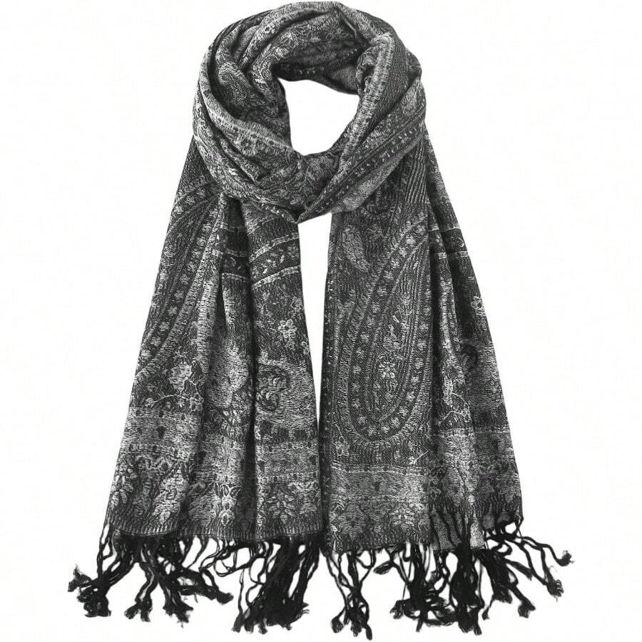 Paisley Pashmina Rave Shawl Scarf - Womens Reversible Jacquard Pashmina Wraps Evening Dresses - C#.黑色銀色 - 查看 1