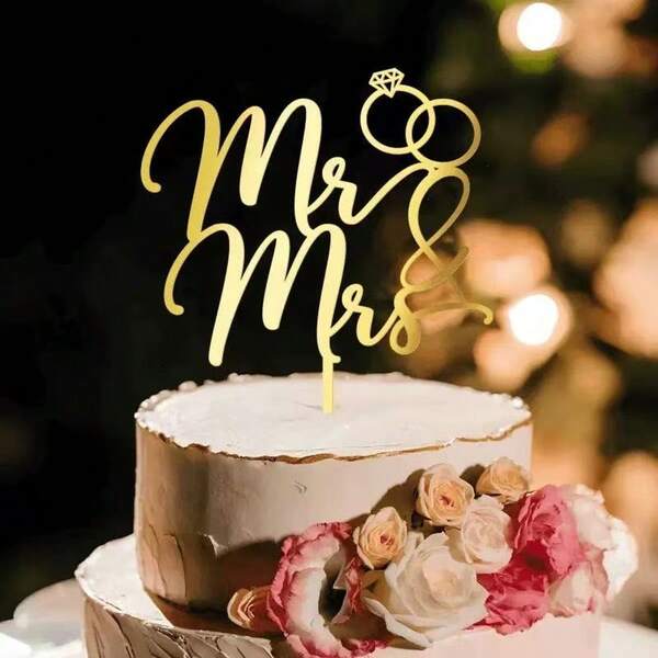 1pc Elegant Wedding Cake Topper, Mr & Mrs Letter Rhinestone Ring Design, Party Celebration Decor, Suitable For Newlywed Wedding Cake Decoration, Bridal Shower, Holiday Theme