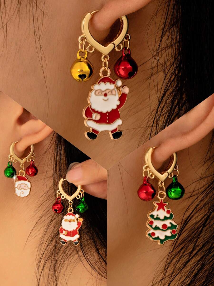 A Pair Of Elegant Heart-Shaped Christmas Bells, Christmas Trees, Santa Claus Pendants Earrings, Fashionable Women's Jewelry, Essential Accessories For Christmas Parties, Gifts For Friends